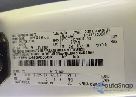 2016 Ford F-150 Xlt из США, поврежденный, VIN 1FTEW1CG9GKD80456